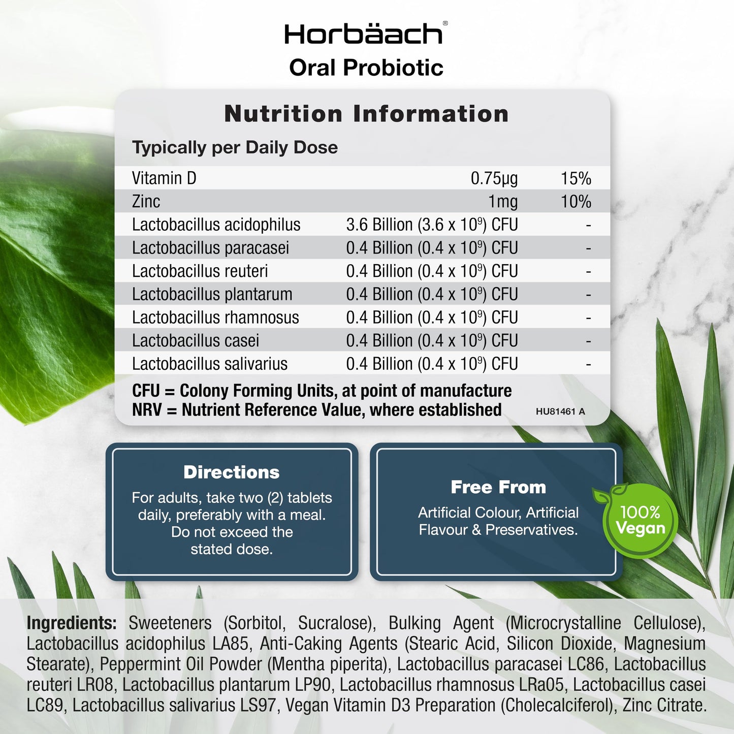 Oral Probiotics for Mouth 6 Billion CFU | Advanced Dental Probiotics for Adults | 7 Probiotic Strains Including Lactobacillus Reuteri | 60 Vegan Chewable Tabs | Mint Flavour | by Horbaach