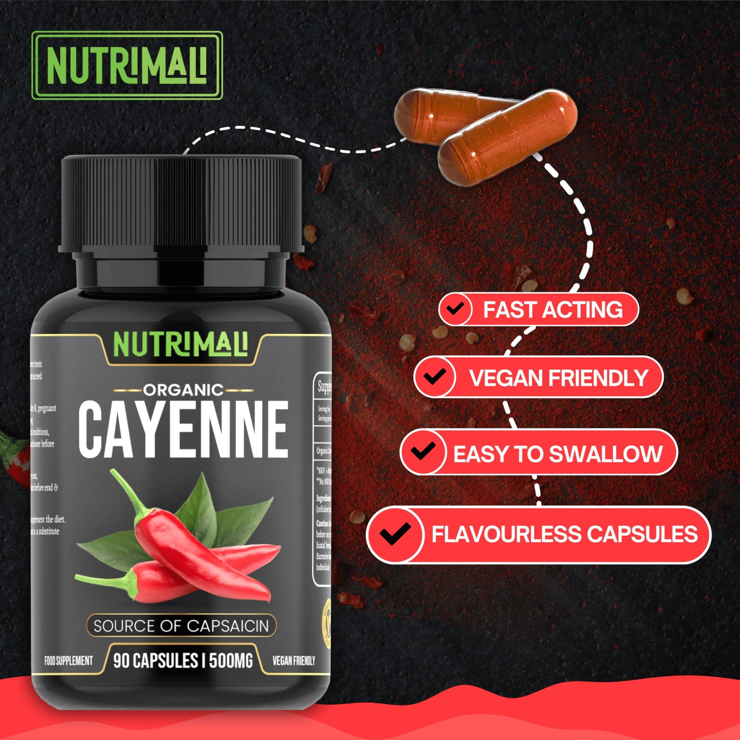 NutriMali Cayenne Pepper Organic - 90 Vegan Capsules | High Strength Up to 1500mg | Natural Herbal Supplement | Zero Fillers 100% Natural & Eco Friendly Packaging