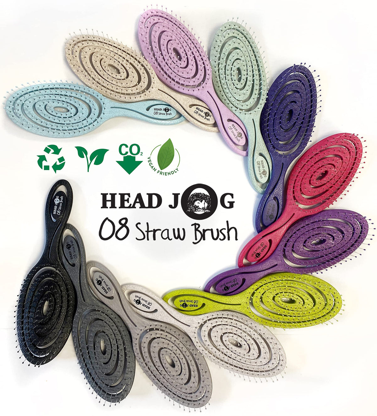 Head Jog 08 Paddle Brush Flexible Soft Pin Bristles, Detangling Wet Or Dry Hair. Gentle Brushing Straw Brush. Detangle Round Brush for Straight, Curly & Wavy Hair Types. (Monochrome Collection Ash)