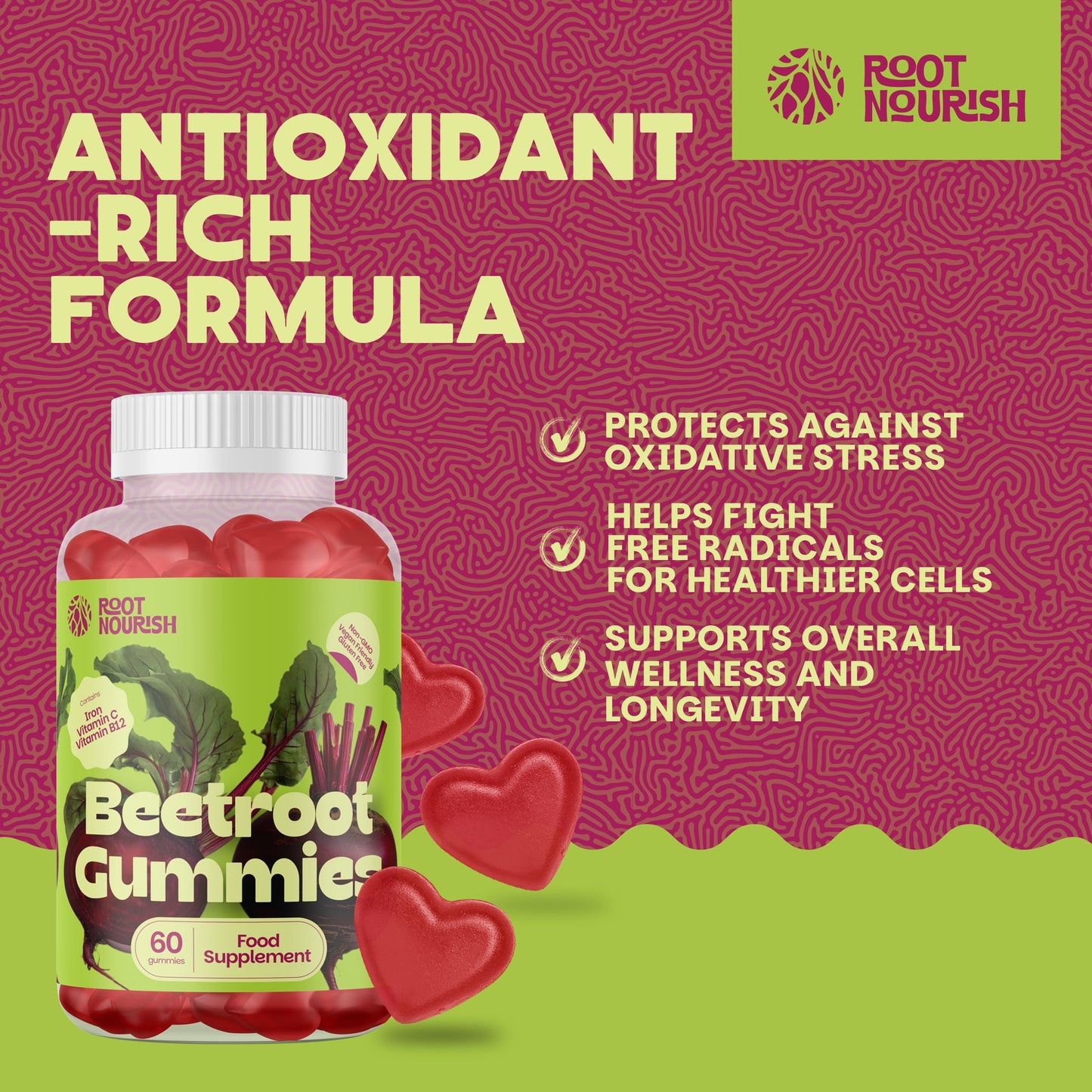 RootNourish Beetroot Gummies – High Strength Iron, Vitamin C, B12 & Folic Acid Supplement for Energy, Circulation, Tiredness & Immune Support – 60 Gummies