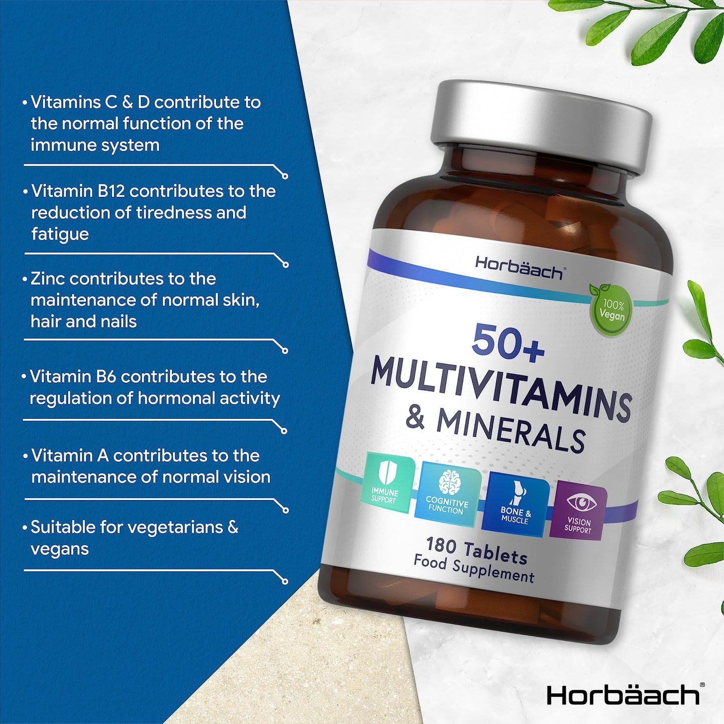 Multivitamin and Mineral Tablets for Adults 50 Plus | 180 Count | with 24 Essential Nutrients for Men and Women 50 + | 100% Vegan | by Horbaach