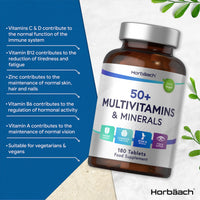 Multivitamin and Mineral Tablets for Adults 50 Plus | 180 Count | with 24 Essential Nutrients for Men and Women 50 + | 100% Vegan | by Horbaach