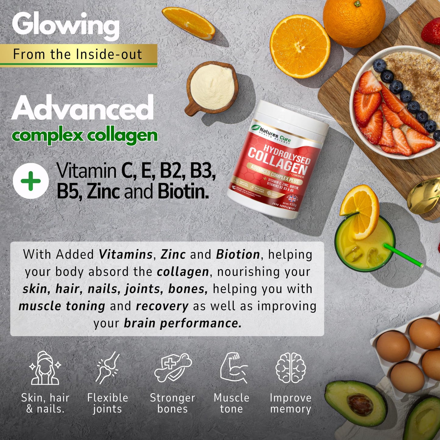Natures cure Premium Collagen Powder Complex – Bovine Collagen Peptides 450g- Enriched with Essential B Vitamins, Vitamin C, Zinc & Biotin – Pure Hydrolysed Collagen Supplement – by Natures Cure