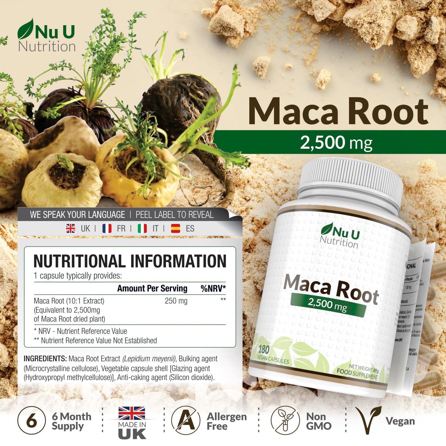 Nu U Nutrition - Maca Root Capsules 2500mg - 250mg of Maca Root per Capsule - 180 Vegan Capsules - 6 Month Supply - Maca Root Extract Supplement for Men & Women - Made in The UK