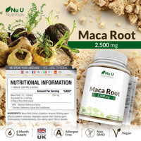 Nu U Nutrition - Maca Root Capsules 2500mg - 250mg of Maca Root per Capsule - 180 Vegan Capsules - 6 Month Supply - Maca Root Extract Supplement for Men & Women - Made in The UK