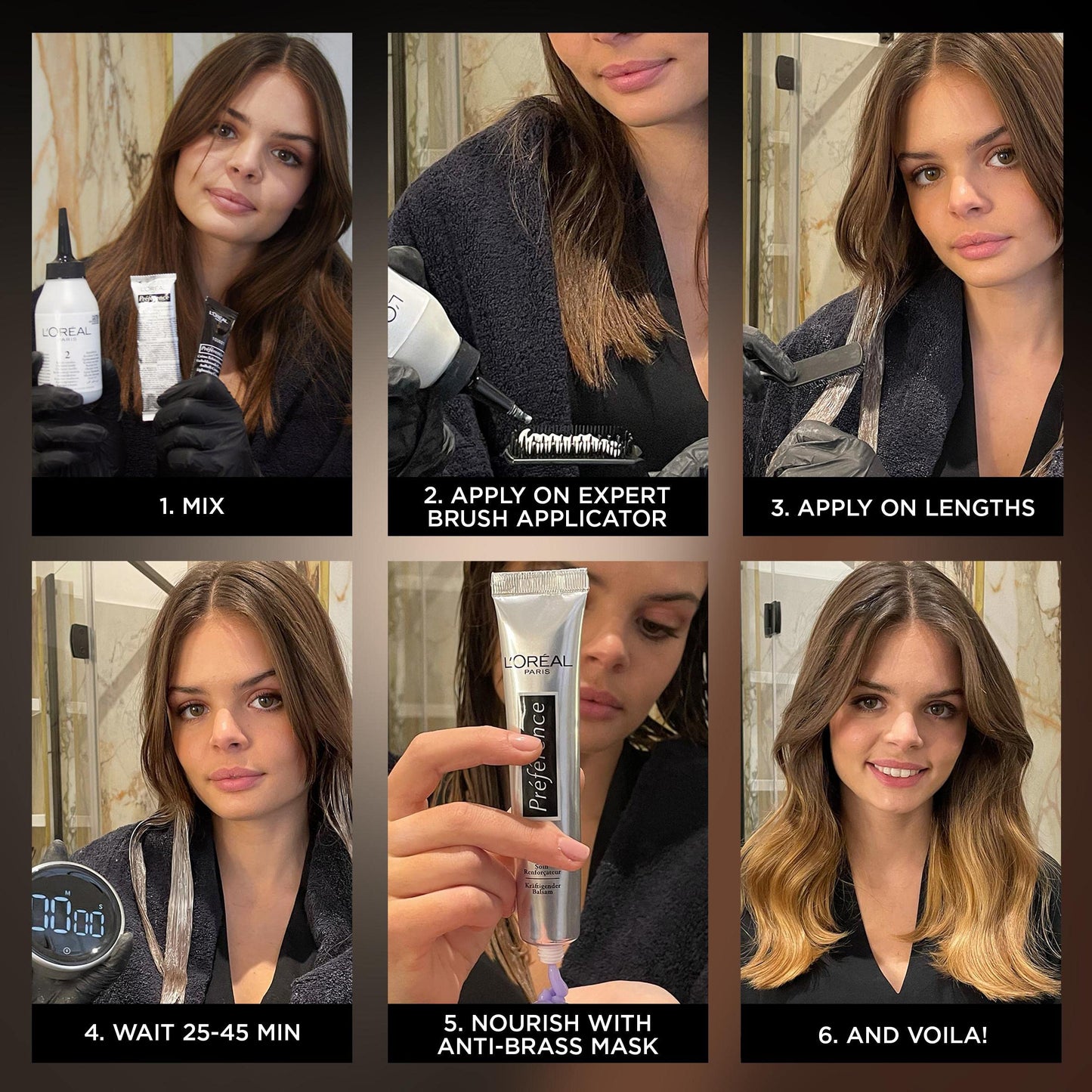 L’Oréal Paris Luminous Graduation Ombré Kit, Shade 104 for Brown to Dark Brown Hair, Anti-brass Care, Expert Brush Included, Preference Techniques Les Ombrés, 1 Application