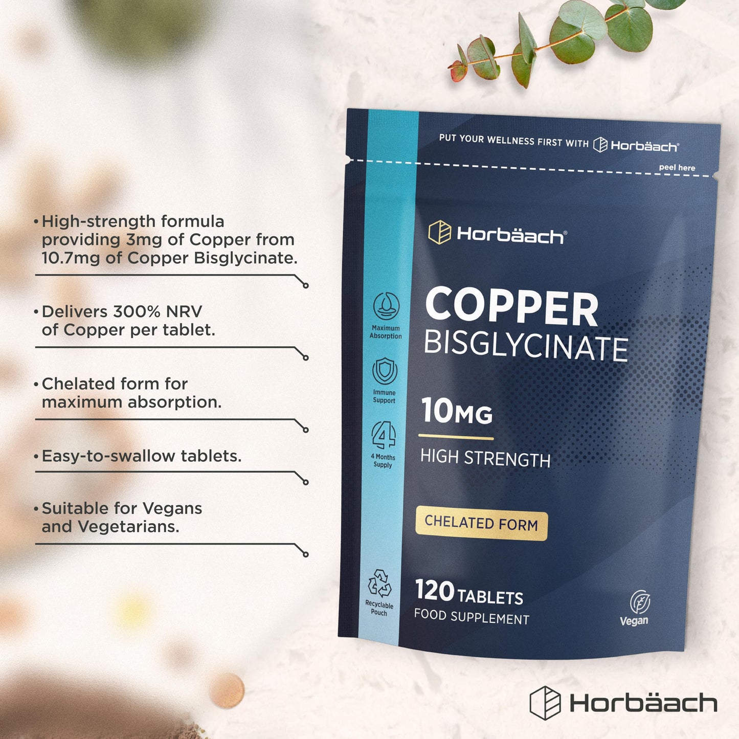 Horbäach Copper Bisglycinate 10mg | Chelated Form | High Strength Copper Supplement | 120 Vegan Tablets | by Horbaach