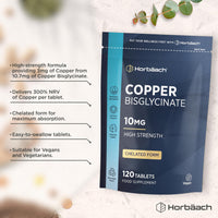 Horbäach Copper Bisglycinate 10mg | Chelated Form | High Strength Copper Supplement | 120 Vegan Tablets | by Horbaach