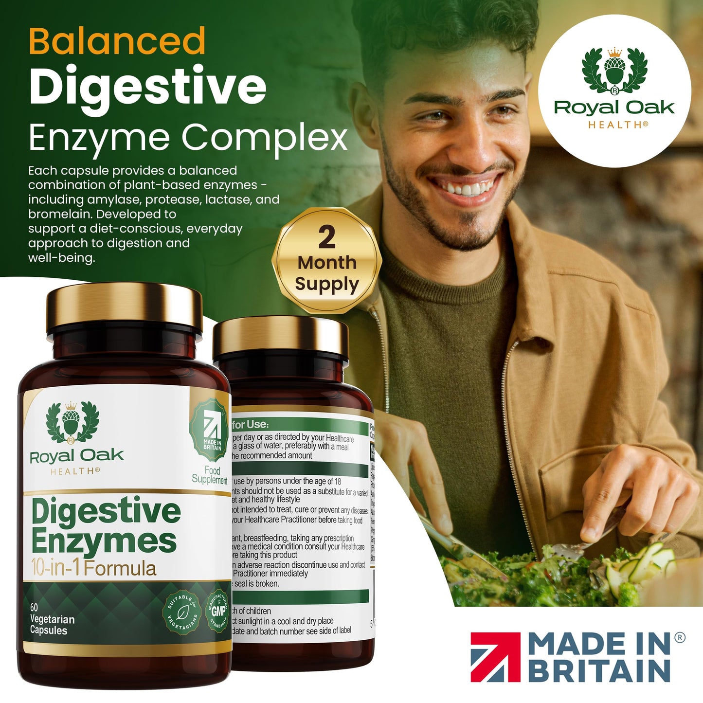 Royal Oak Health Digestive Enzymes - Broad Spectrum 10 in-1 Formula - with Amylase, Protease, Lipase, Papain & Bromelain - 60 Vegan Capsules, UK Made