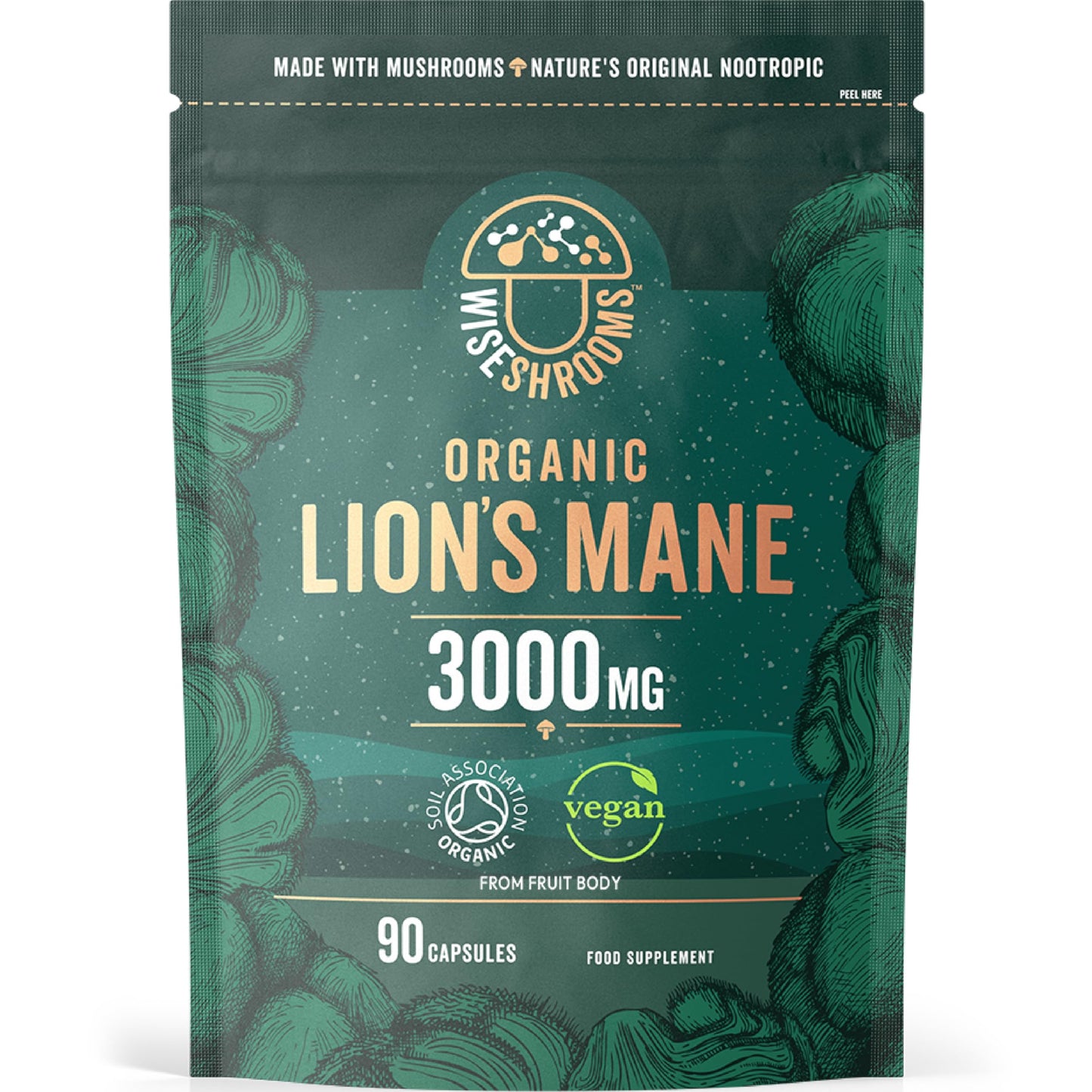 Lions Mane Supplement 3000mg | Organic | High Strength Mushroom Supplement | from Fruit Body | 90 Vegan Capsules | by Wiseshrooms