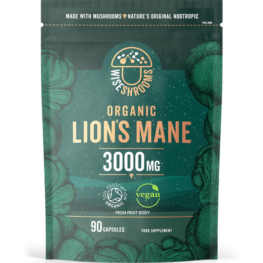 Lions Mane Supplement 3000mg | Organic | High Strength Mushroom Supplement | from Fruit Body | 90 Vegan Capsules | by Wiseshrooms