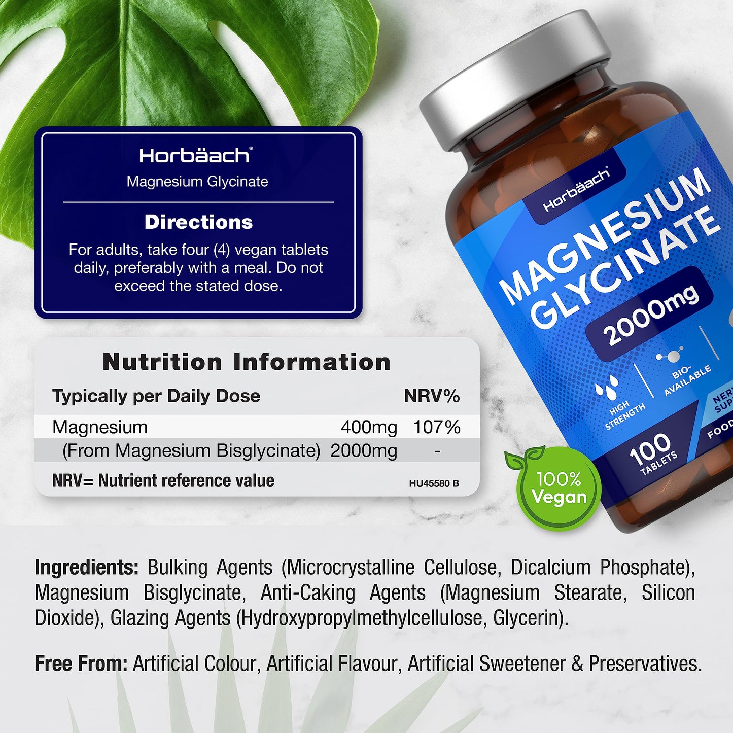 Magnesium Glycinate Supplement | 2000mg | 100 Vegan Tablets | High Strength Providing 400mg of Elemental Magnesium | Nervous System Support | by Horbaach