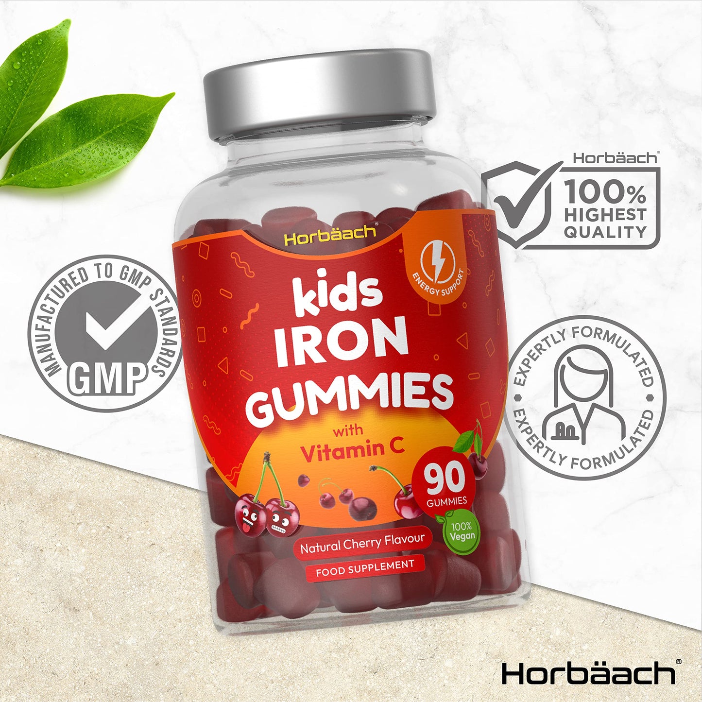 Kids Iron Gummies with Vitamin C | 90 Count | Natural Cherry Flavour | Chewable Vegan Supplement | by Horbaach