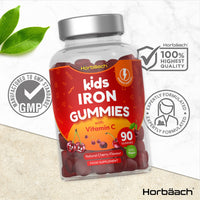 Kids Iron Gummies with Vitamin C | 90 Count | Natural Cherry Flavour | Chewable Vegan Supplement | by Horbaach