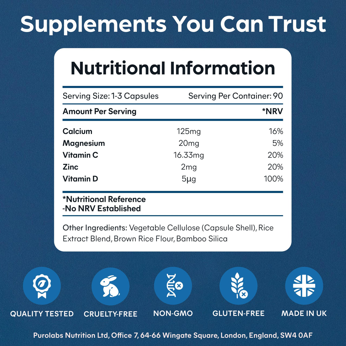 Purolabs Calcium Complex – High Strength Calcium & Vitamin D3 with Magnesium, Zinc & Vitamin C – Tablets for Women & Men Support (Capsule Formula) – Bone & Muscle Health – 90 Capsules
