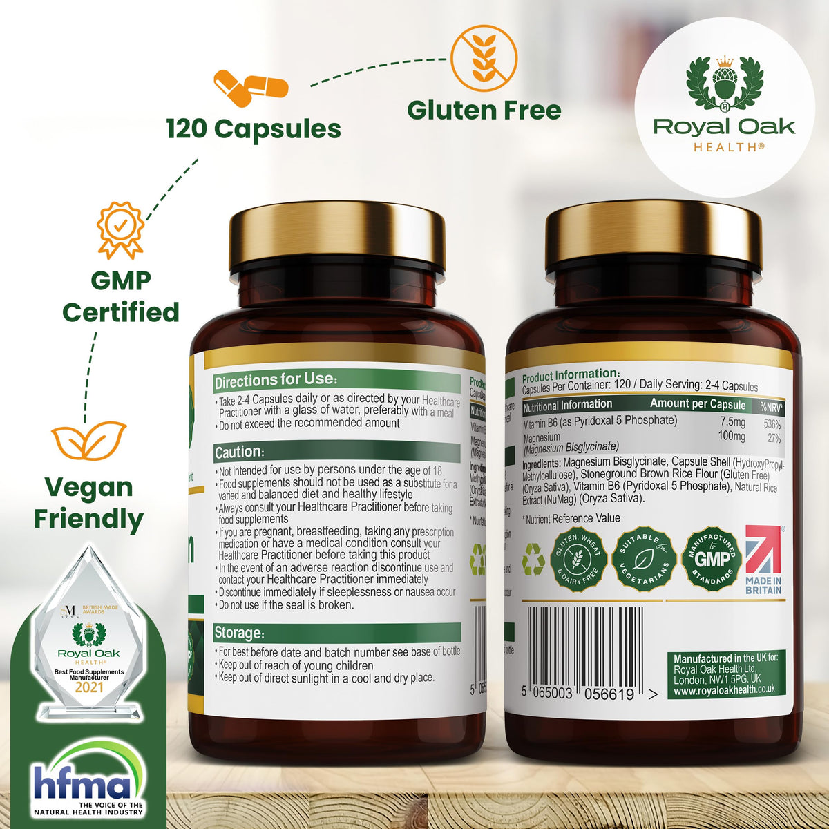 Magnesium Bisglycinate 200mg Plus P5P Vitamin B6 x120 Capsules | Advanced Chelated Formula for Optimal Absorption 200mg of High Strength Elemental Magnesium - Vegan & UK Made by Royal Oak Health