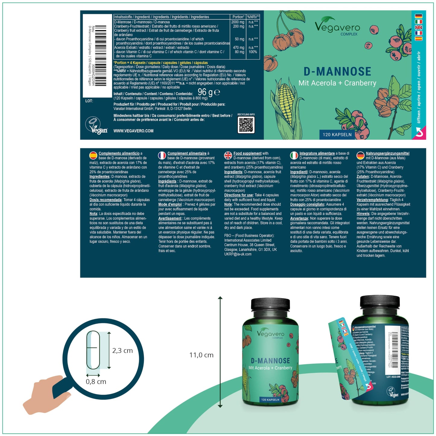 Vegavero D-Mannose Complex | 2000 mg Pure D-Mannose + Natural Vitamin C + Cranberry Extract | 100% Natural UTI Support | NO Additives and Lab-Tested | Vegan