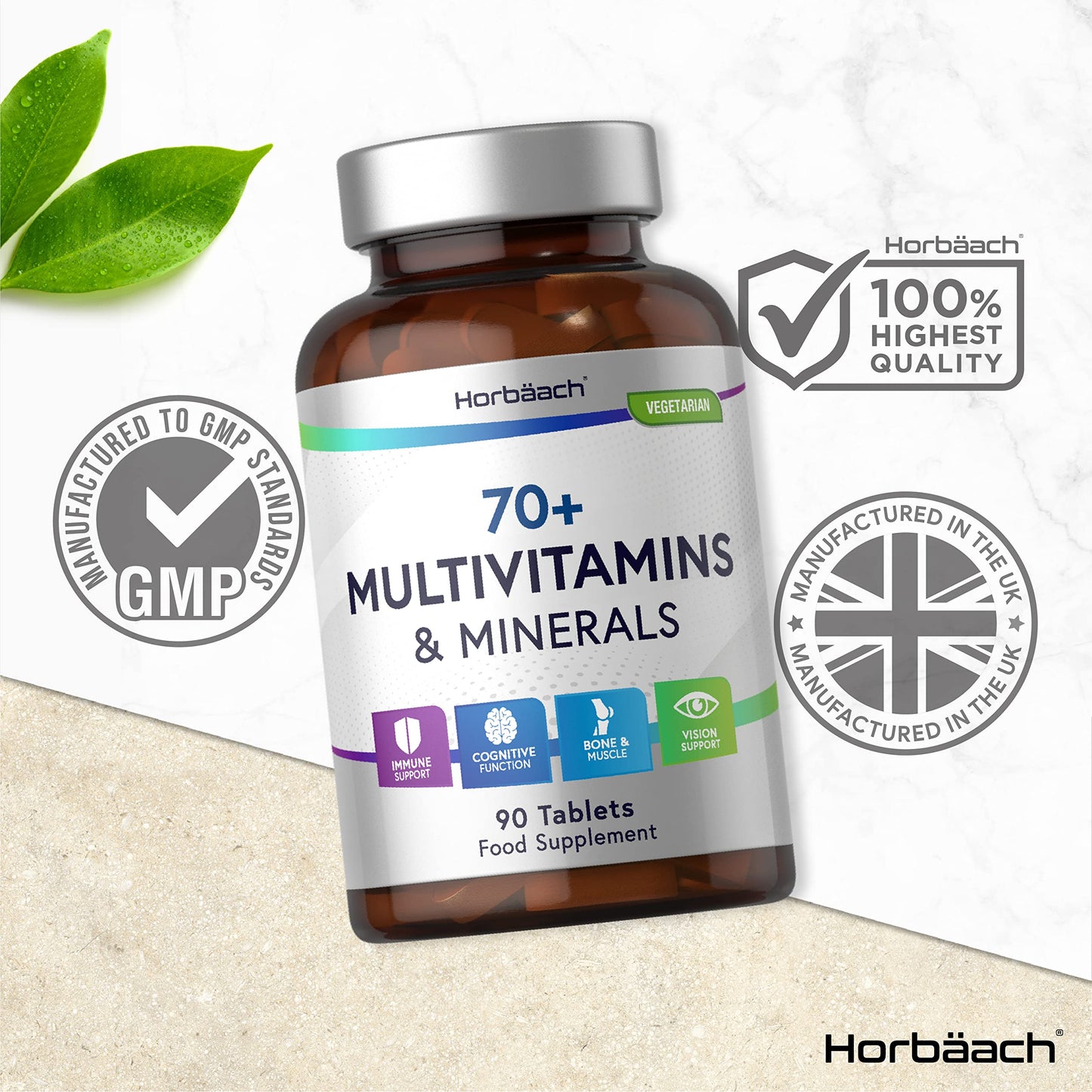 Horbäach Multivitamin 70 Plus Tablets | 90 Count | with Essential Vitamins and Minerals | for Men and Women Age 70+ | Vegetarian | by Horbaach