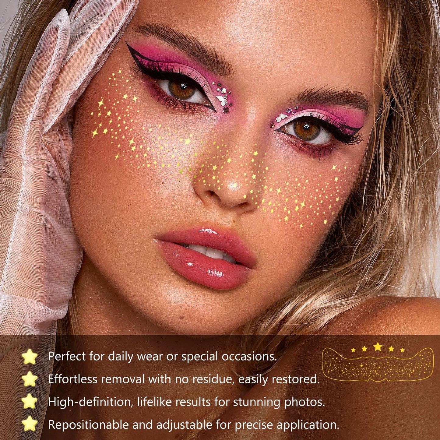 AmiCera Glitter Freckles Face Tattoo, 10 Pcs Face Glitter Freckles Gold for Kids Women, Fake Sparkle Temporary Tattoos Stickers for Girls and Adults Festival Makeup Accessories Face Decor Star