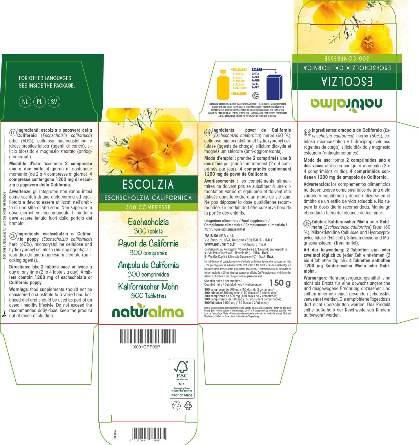 Eschscholzia (Eschscholzia californica) herb NATURALMA | 150 g | 300 Tablets of 500 mg | Food Supplement | Natural and Vegan