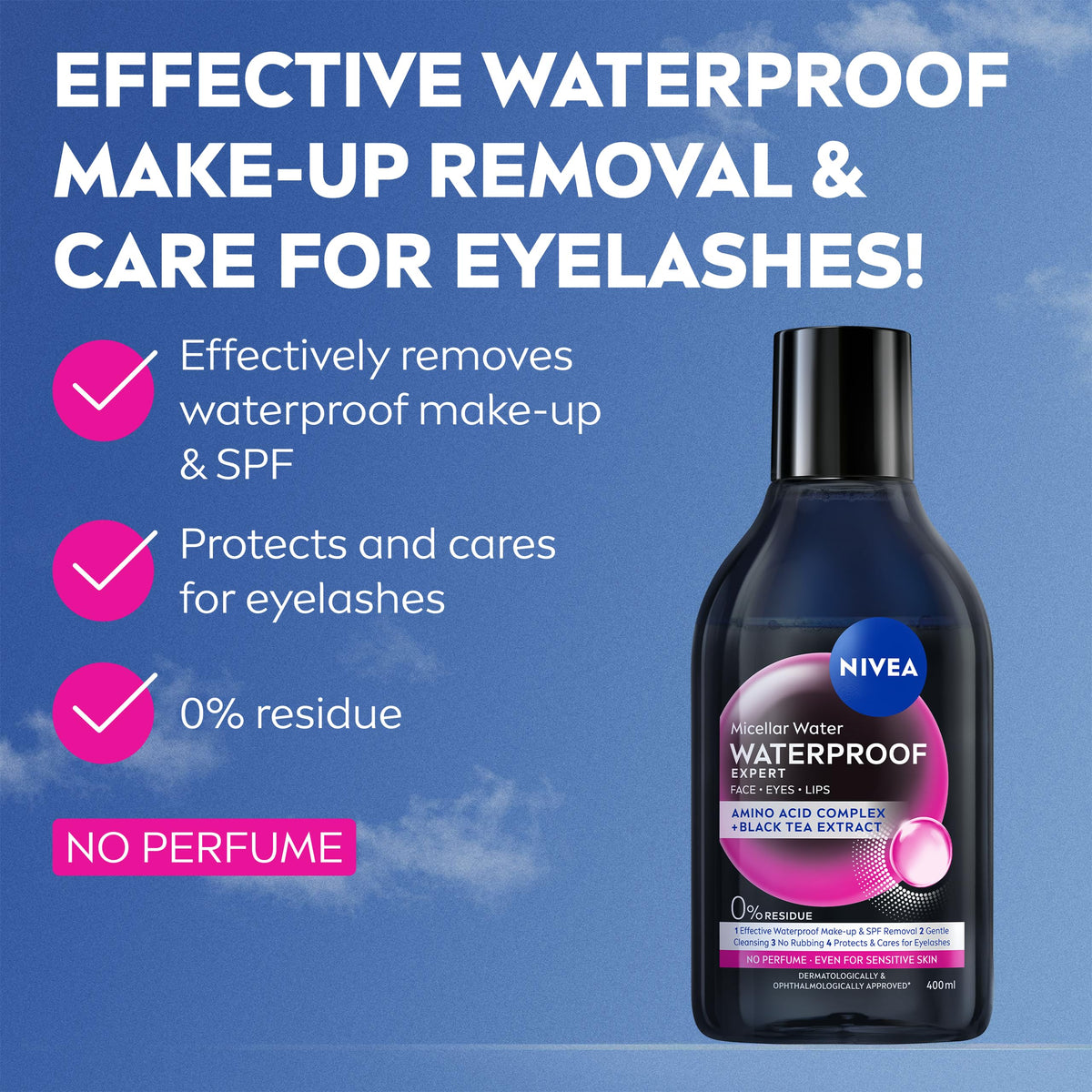 NIVEA Waterproof Expert Micellar Water (400ml), Effective yet Gentle Makeup Remover, Micellar Skin Cleanser with Amino Acid Complex and Black Tea Extract