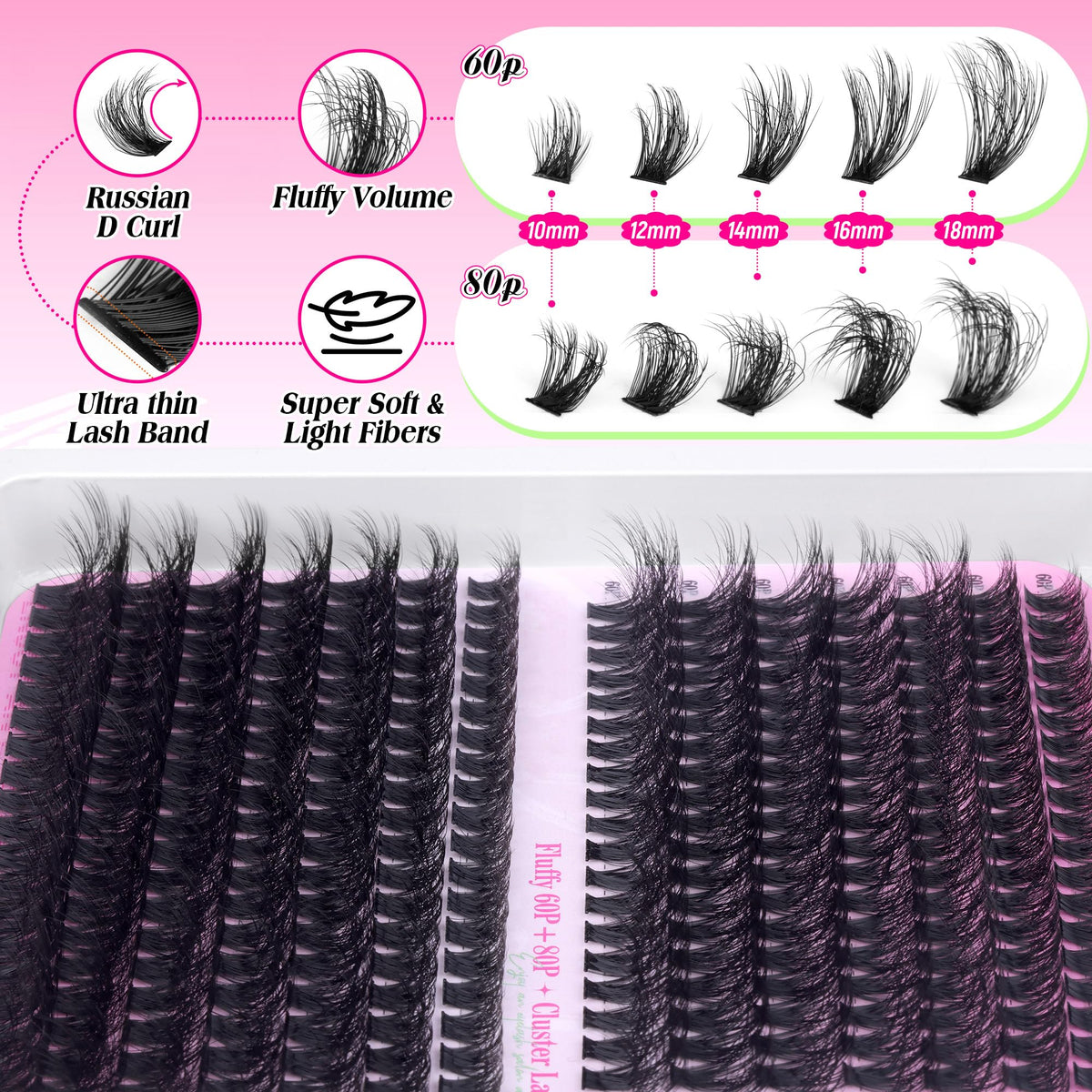 PHKERATA Fluffy Individual Eyelashes Kit 280Pcs Clusters Lashes Kit DIY Lash Extension kit Russian D Curl Lashes Individual Cluster with Lash Bond and Seal Lash Glue,Tweezers (60+80P, 10-18mm Mix)