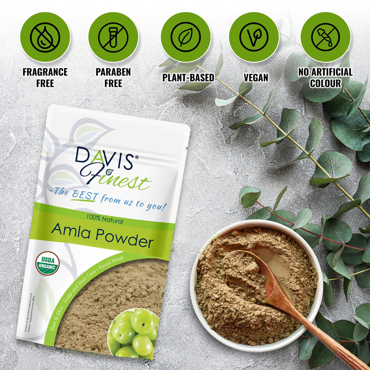 Davis Finest Organic Amla Powder 250g, Hair Growth & Shine, Strengthening, Thickening, Volumizing, Deep Conditioning Mask