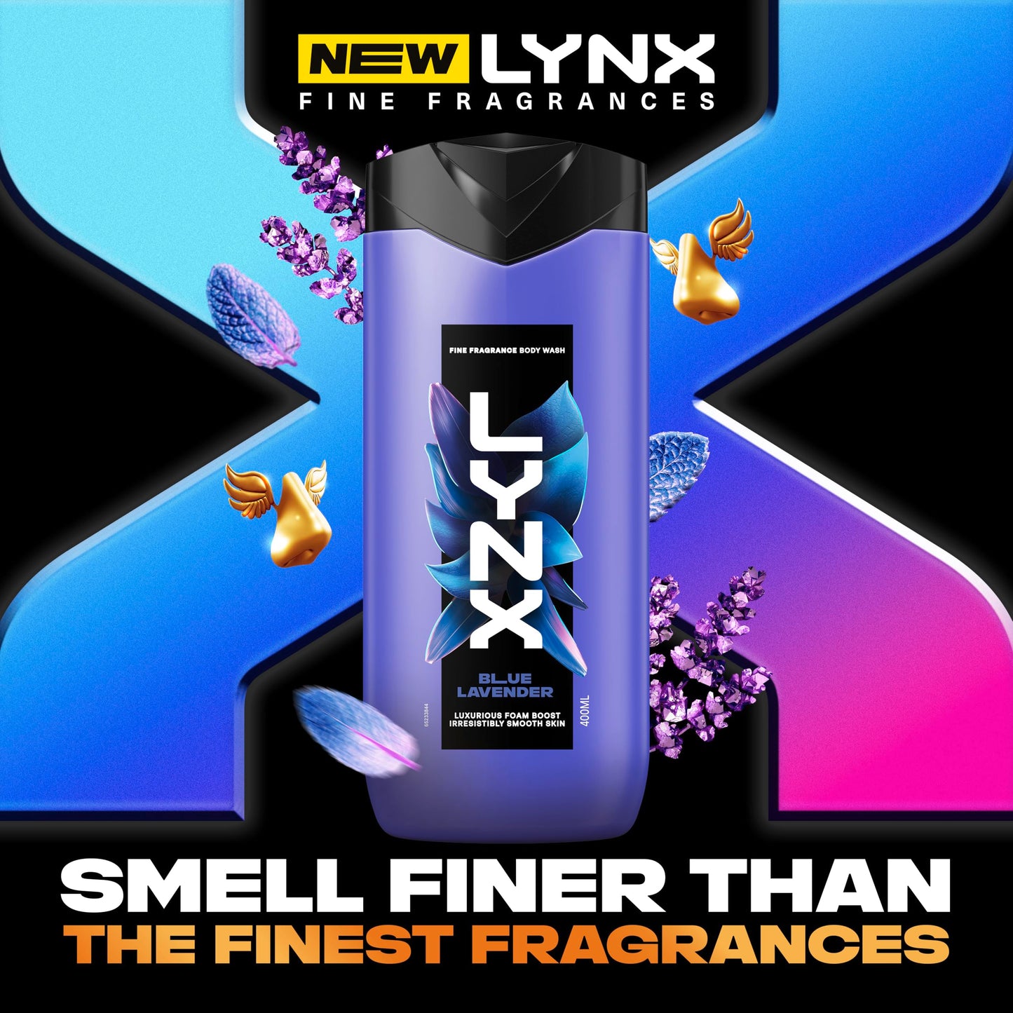 Lynx Fine Fragrance Collection Blue Lavender Premium Body Wash Body Cleanser shower gel with a lavender, mint & amber scent for 12 hours of freshness 400ml