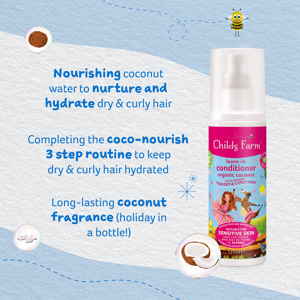 Childs Farm | Kids Coco-Nourish Leave in Conditioner 125ml | Organic Coconut | Dry, Curly & Coily Hair | Conditions & Nourishes | Suitable for Dry, Sensitive & Eczema-prone Skin & Scalp