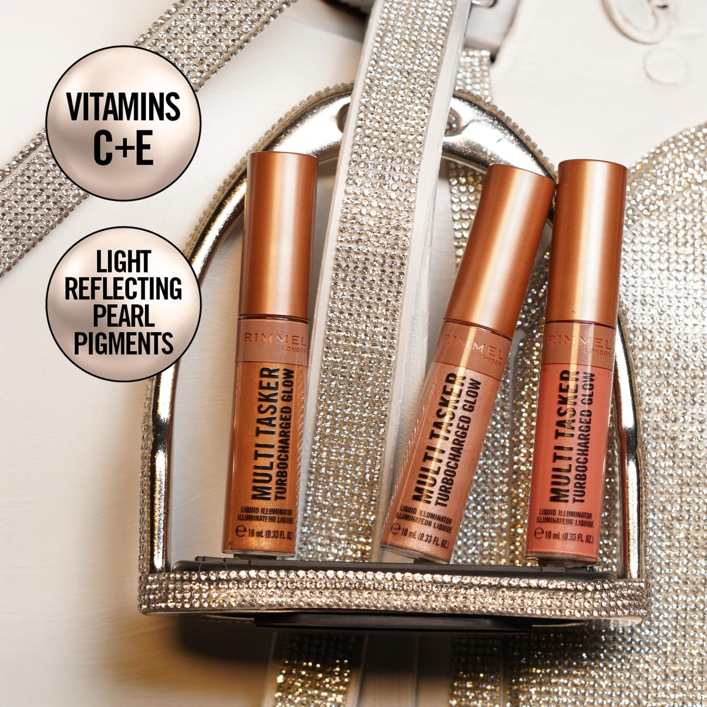 Rimmel Multi Tasker Turbocharged Glow, 005 Iconic as Usual, Liquid Face Illuminator, Light-Reflecting Pearls, Luminous, Healthy Glow, Vitamin C & E, Vegan Formula, 10ml
