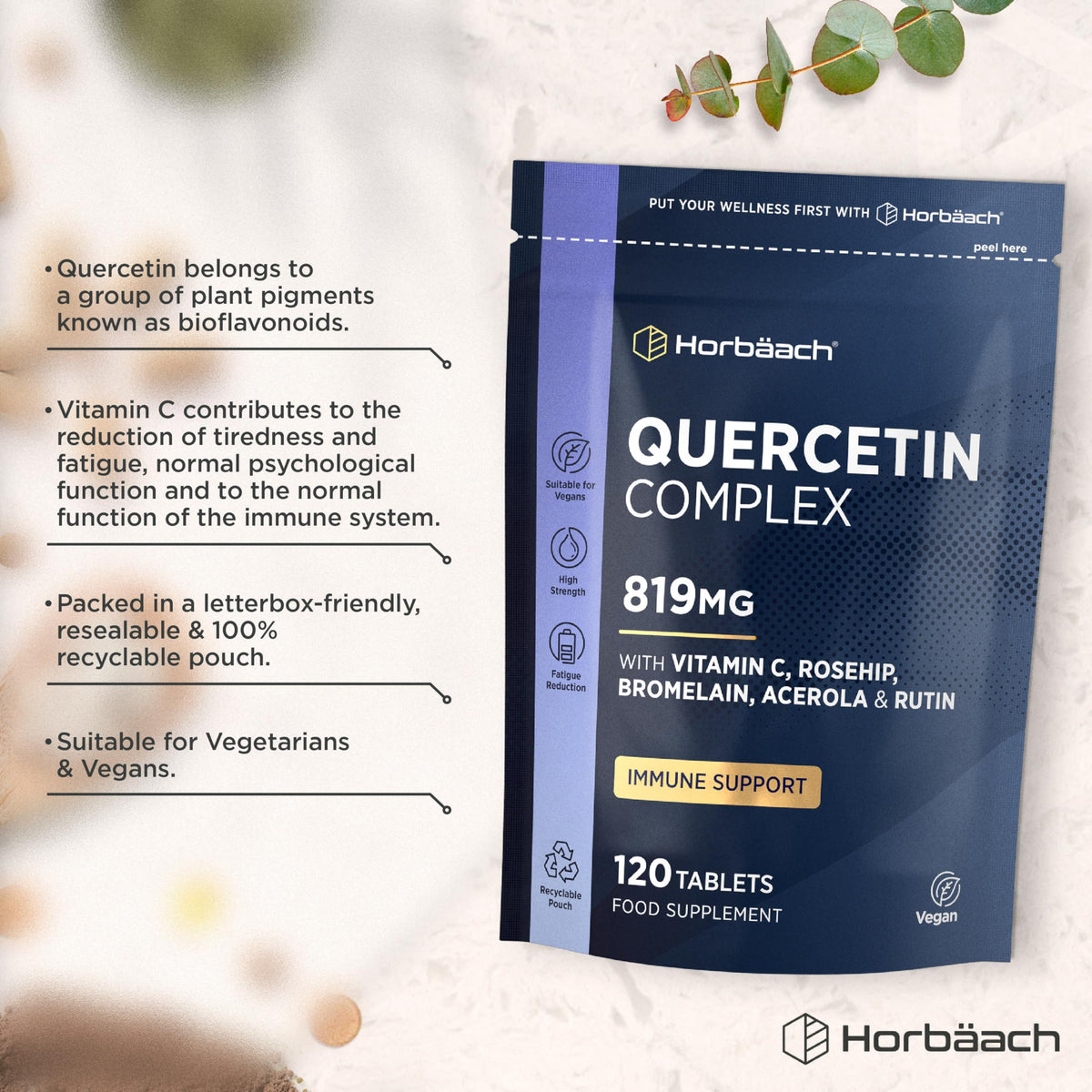 Horbäach Quercetin Supplement with Bromelain 819mg | 120 Vegan Tablets | Complex Formula Providing 519mg of Quercetin with Bromelain, Vitamin C, Rosehip, Acerola and Rutin | by Horbaach