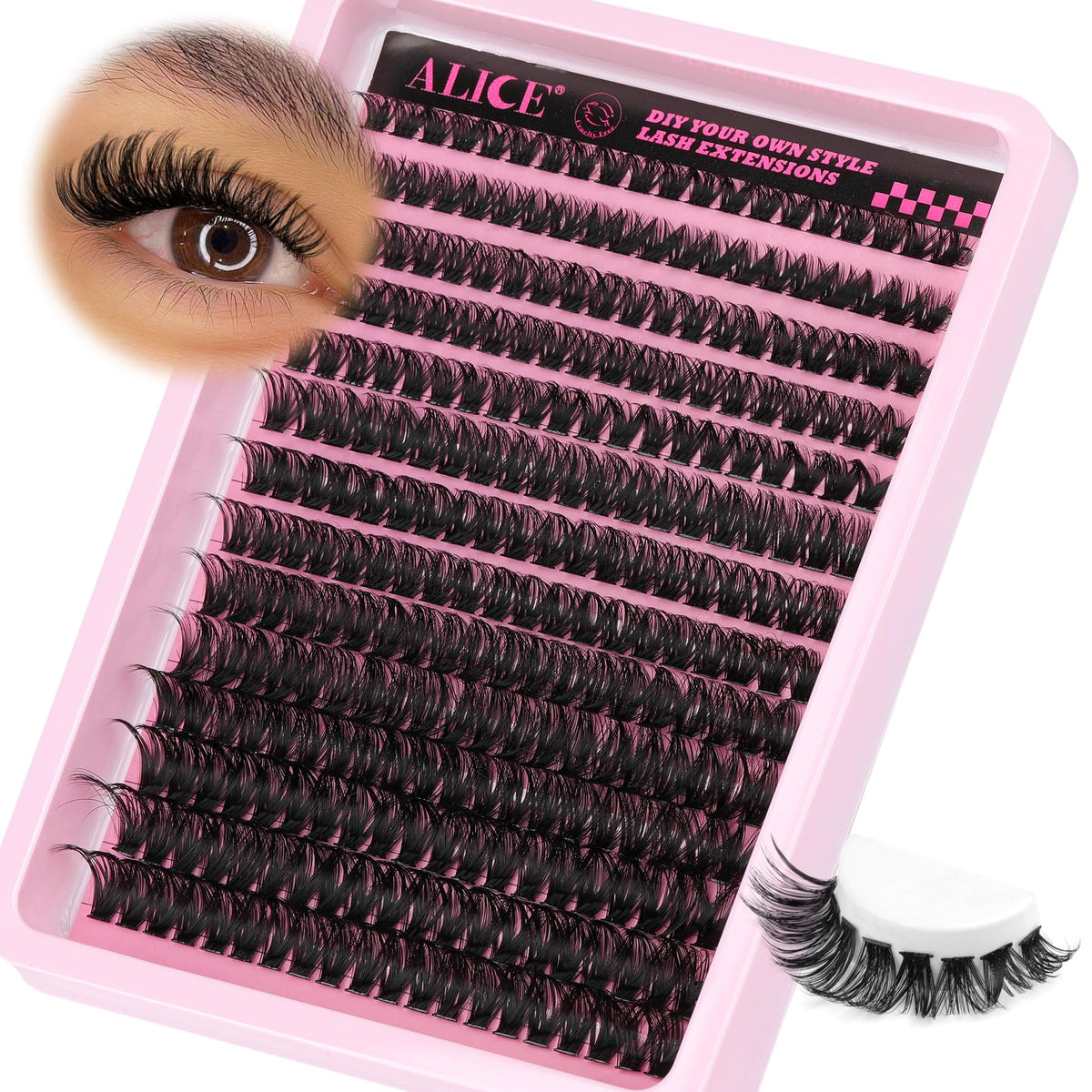 ALICE DIY Eyelash Extension Kit D Curl Fluffy Wispy Lash Clusters Individual Lashes Lash Extension Kit with Lash Bond and Seal Applicator Tool for Self Application at Home (80P-280Pcs-Mix10-16mm-0.07D)