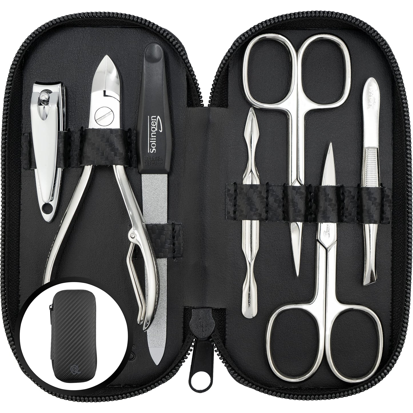 marQus Solingen Manicure Set for Women & Men - 7-Piece Pedicure Kit Made in Germany with Nail Nippers - Elegant and Handy Fashion Leather Case - Ideal as a Gift, for Travelling or Home Use, Carbon