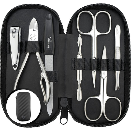 marQus Solingen Manicure Set for Women & Men - 7-Piece Pedicure Kit Made in Germany with Nail Nippers - Elegant and Handy Fashion Leather Case - Ideal as a Gift, for Travelling or Home Use, Carbon