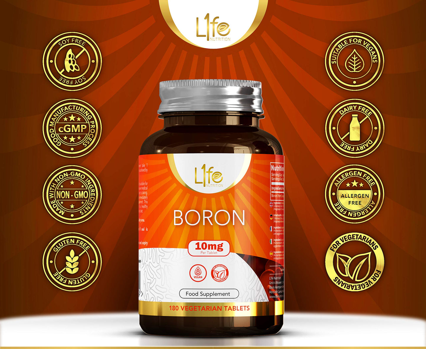 L1fe Nutrition LN Boron Supplements | 180 High Strength Vegan Boron Tablets - 10mg Supplement per Capsule | Non-GMO, Gluten, Dairy & Allergen Free | Manufactured in The UK