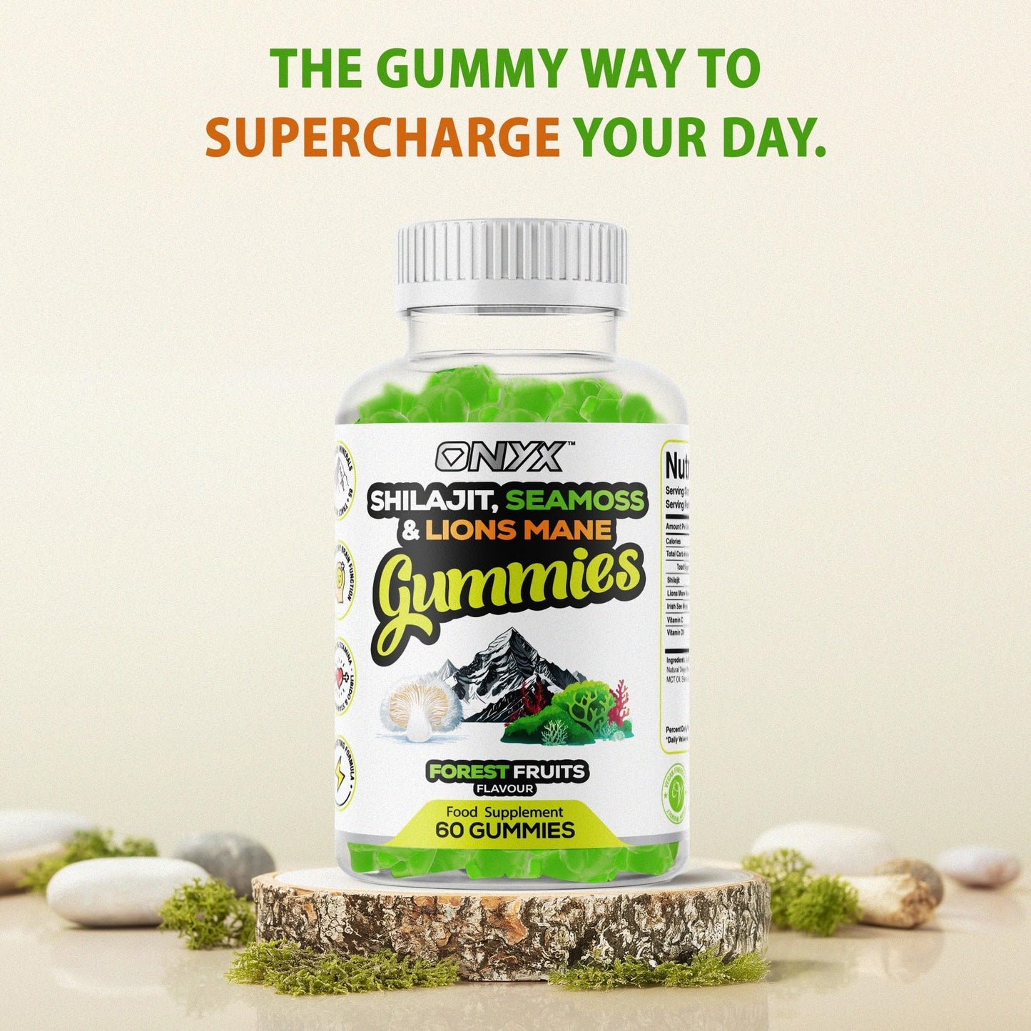 ONYX NUTRA Shilajit, Sea Moss & Lion's Mane Gummies - 3000mg Adaptogen Blend with Vitamin D3 & C - 3 in 1, Immune Support & Energy Booster 85+ Trace Minerals - Vegan Friendly- 120 Gummies (60 Servings)