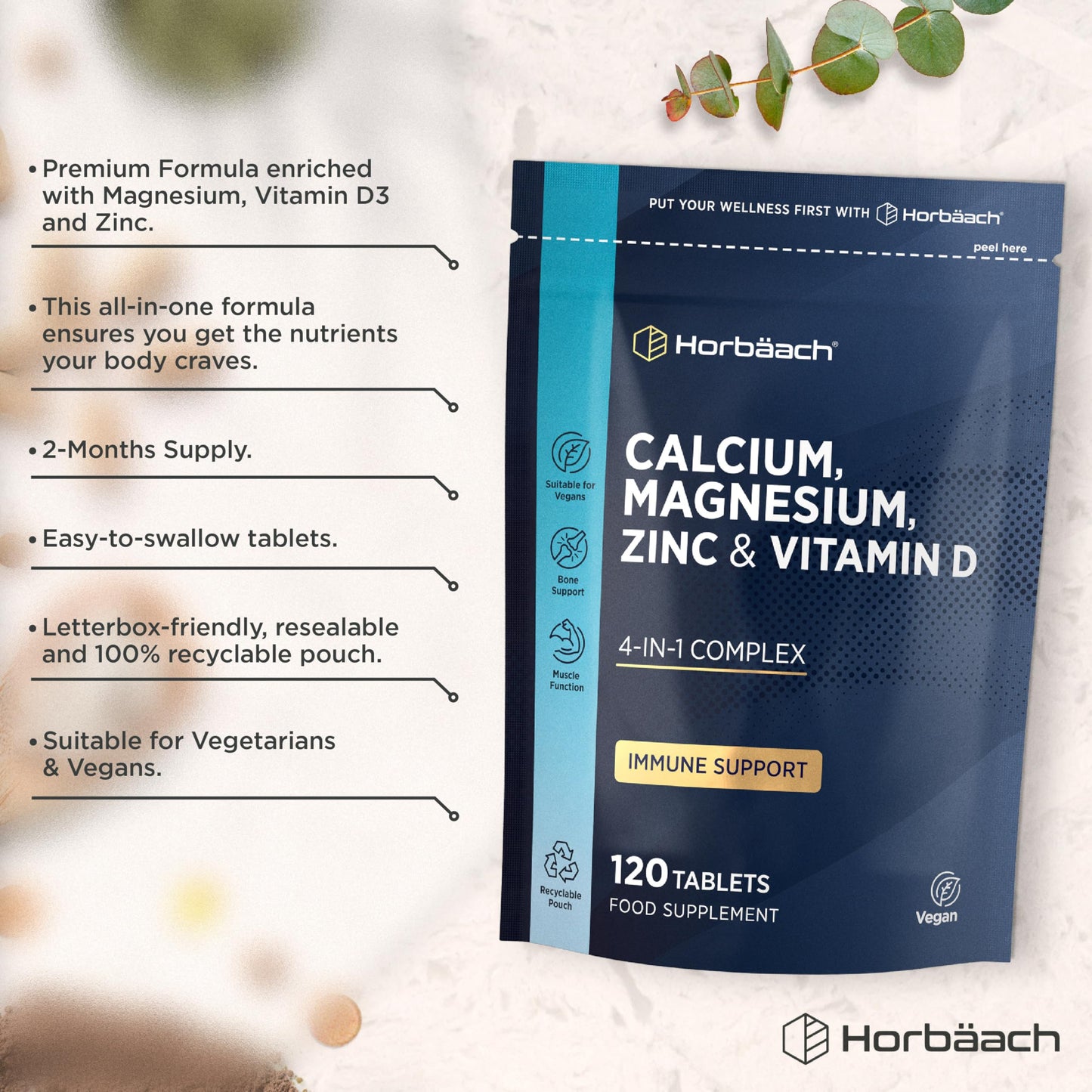 Horbäach Calcium Tablets with Magnesium Zinc and Vitamin D | 100% Vegan | High Strength Complex | 120 Count | Supplement for Women & Men | by Horbaach