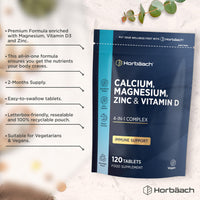 Horbäach Calcium Tablets with Magnesium Zinc and Vitamin D | 100% Vegan | High Strength Complex | 120 Count | Supplement for Women & Men | by Horbaach