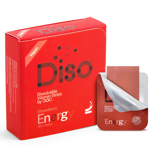 Diso Energy Supplement with Vitamin B12 - Box of 30 Oral Dissolvable Strips, Caffeine Help Reduce Fatigue, Tiredness & Mood Swings, Vegan, Sugar & Gluten Free