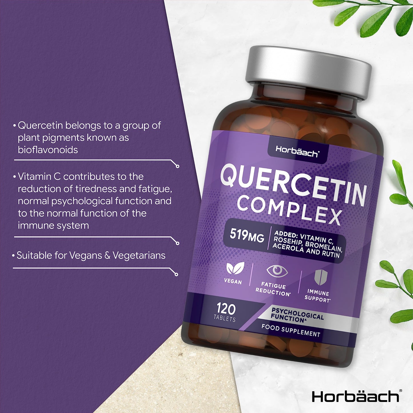 Horbäach Quercetin Supplement 760mg Complex | 120 Vegan Tablets | Providing 519mg of Quercetin with Bromelain, Vitamin C, Rosehip, Acerola and Rutin | by Horbaach