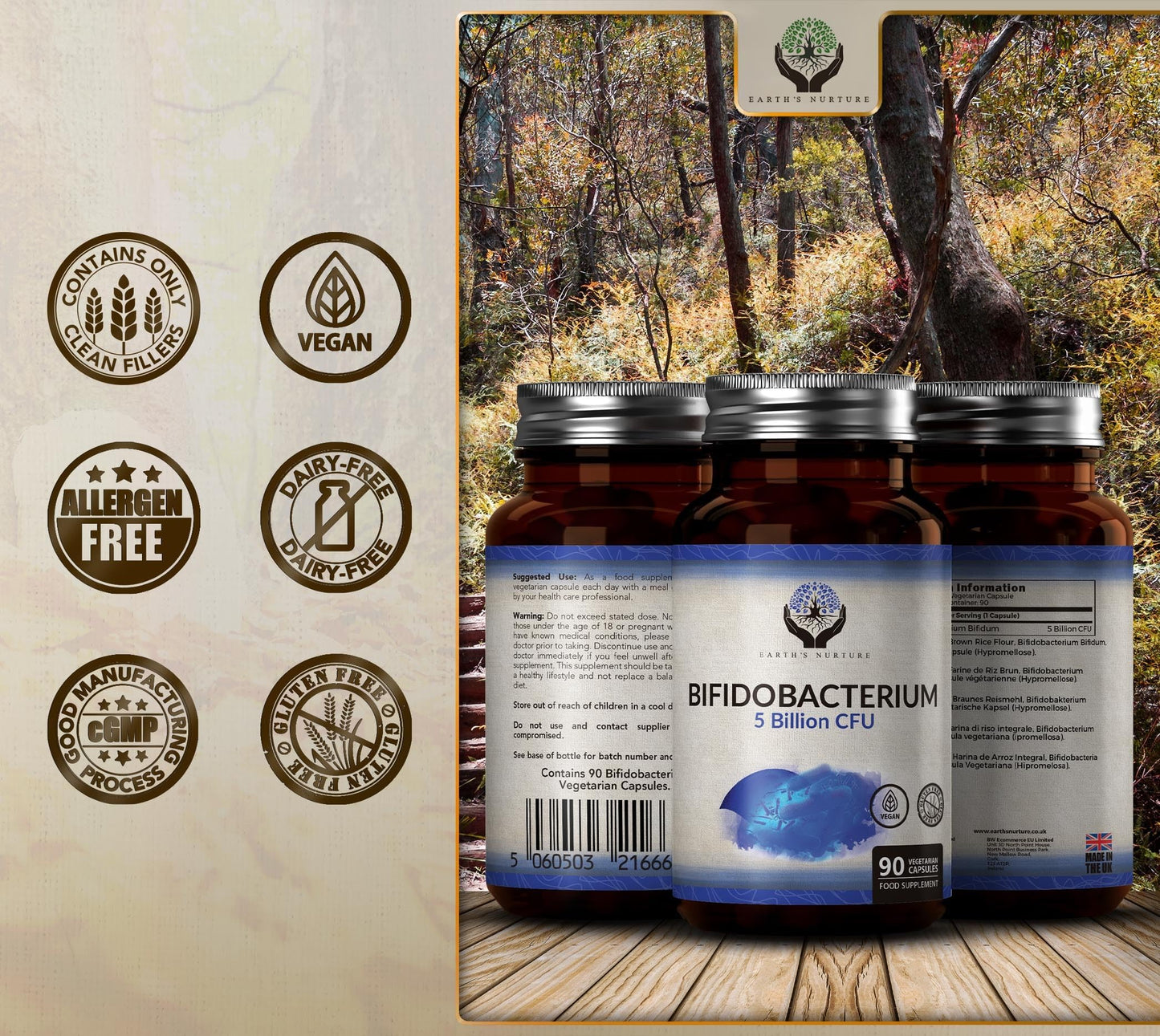 EN Bifidobacterium Probiotics | 90 High Strength Bifidobacterium Probiotic Capsules - 5 Billion CFU Bifidobacterium per Capsule | Non-GMO, Gluten & Allergen Free | Manufactured in The UK