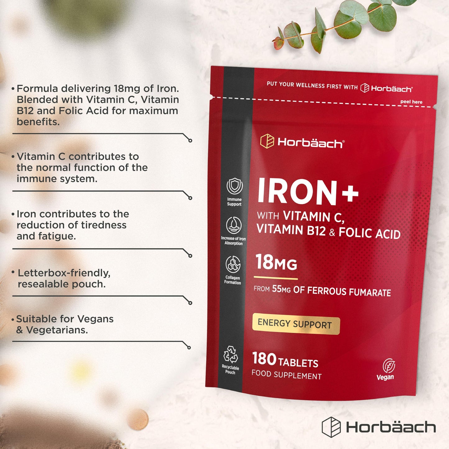 Horbäach Iron Tablets High Strength 18mg | Energy Tablets with Vitamin C, B12 & Folic Acid | 180 Count | 6 Months Supply & Vegan | Ferrous Fumarate Supplement for Men & Women | by Horbaach