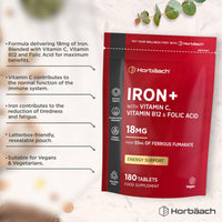 Horbäach Iron Tablets High Strength 18mg | Energy Tablets with Vitamin C, B12 & Folic Acid | 180 Count | 6 Months Supply & Vegan | Ferrous Fumarate Supplement for Men & Women | by Horbaach