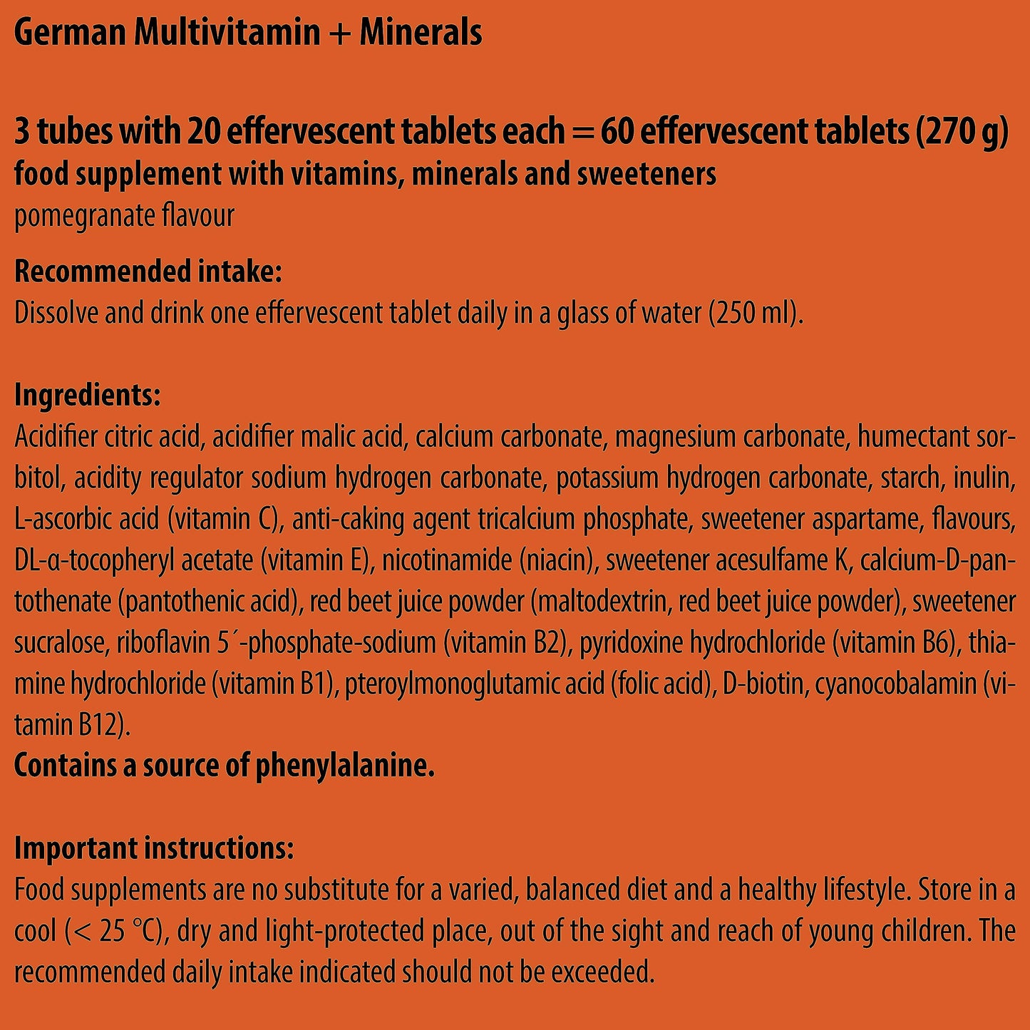 German Multivitamin + Mineralien Drink Effervescent Tablets 60 Servings Pomegranate Flavour – 10 Vitamins + 2 Minerals – Made in Germany