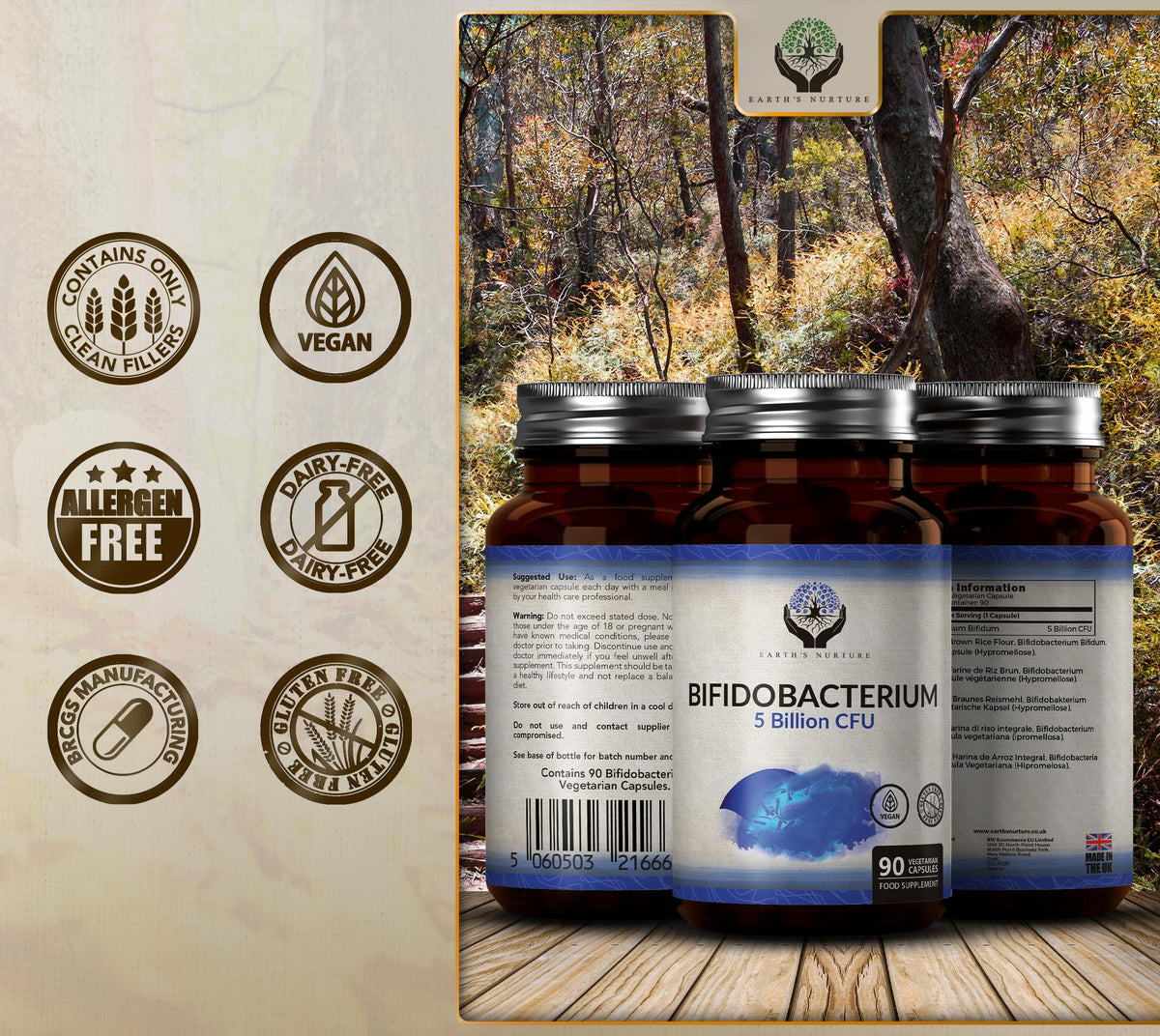 Earth's Nurture EN Bifidobacterium Probiotics | 90 High Strength Bifidobacterium Probiotic Capsules - 5 Billion CFU Bifi per Capsule | Non-GMO, Gluten & Allergen Free | Manufactured in the UK