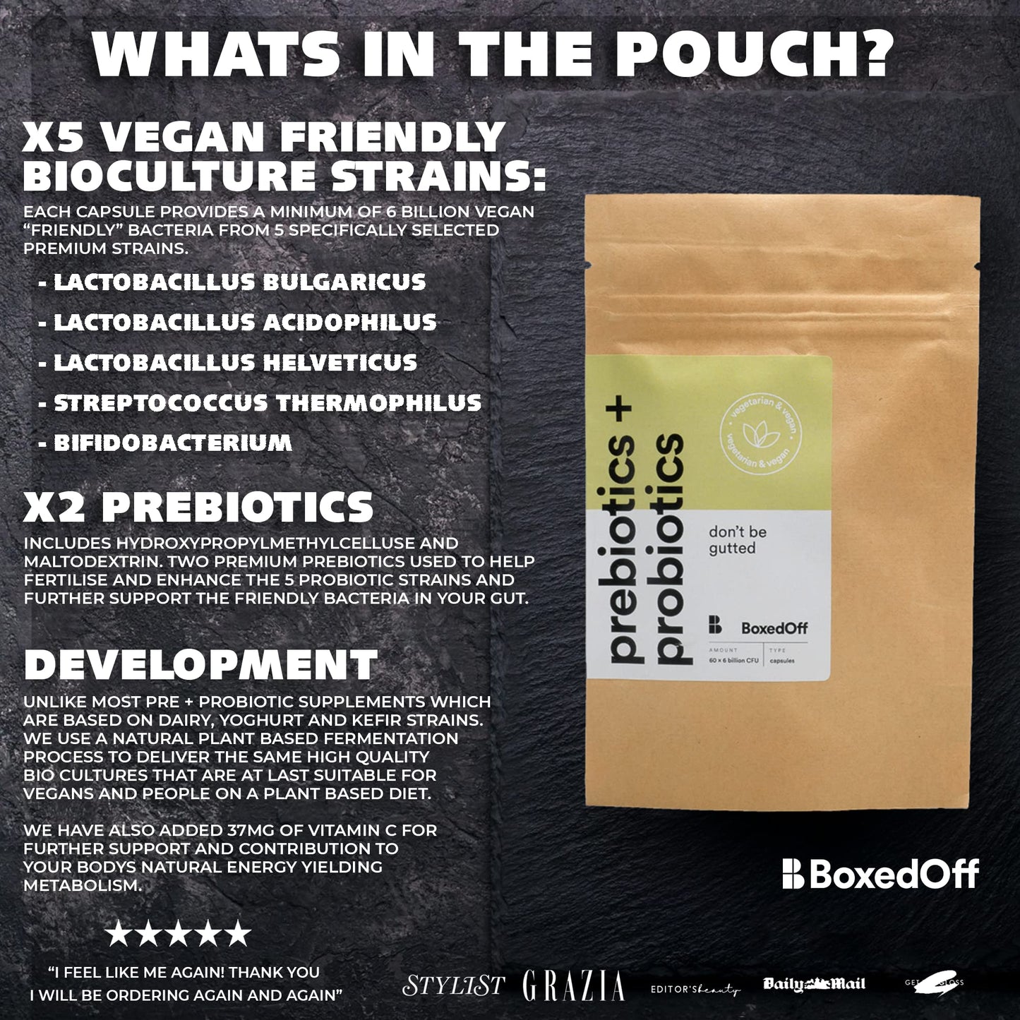 Bio Cultures Premium Prebiotics + Probiotics Complex – 60 Vegan Capsules, Non Dairy, 12 Billion CFU Multi Strain High Strength Probiotics for Men & Women - Boxed Off Supplements