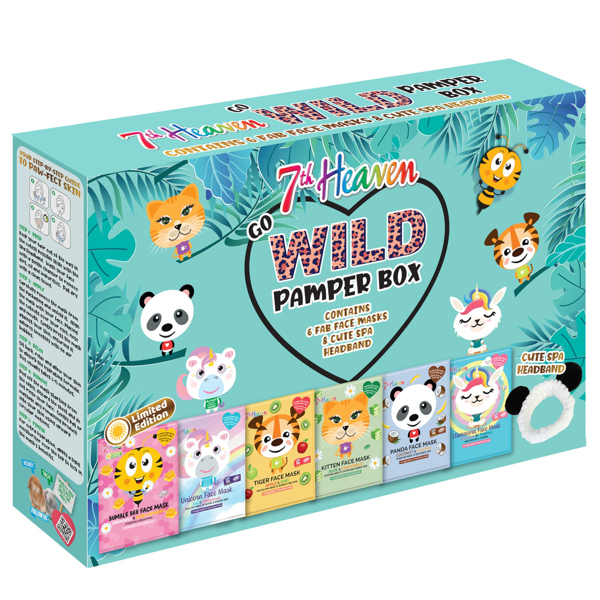 7th Heaven Go Wild Pamper Box Skincare Gift Set for Children, 6 Printed Animal Sheet Face Masks to Soothe, Hydrate and Moisturise Sensitive Skin, Plus Soft Panda Headband for Parties and Sleepovers