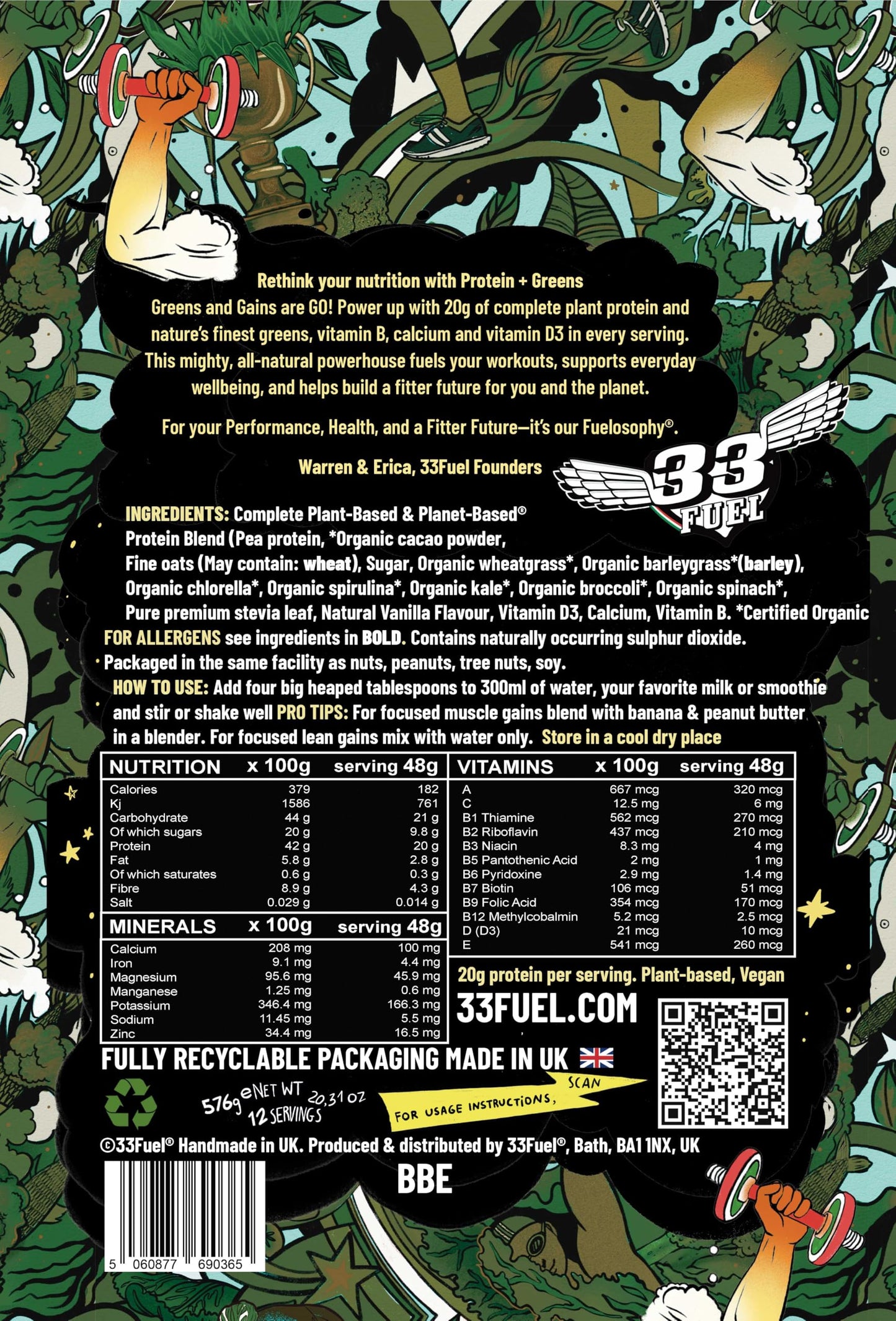 33Fuel Protein & Greens Powder – Natural, 20g Plant Protein, Organic Supergreens, Vegan, High-Fibre All-in-One Daily Nutrition – 576g Chocolate