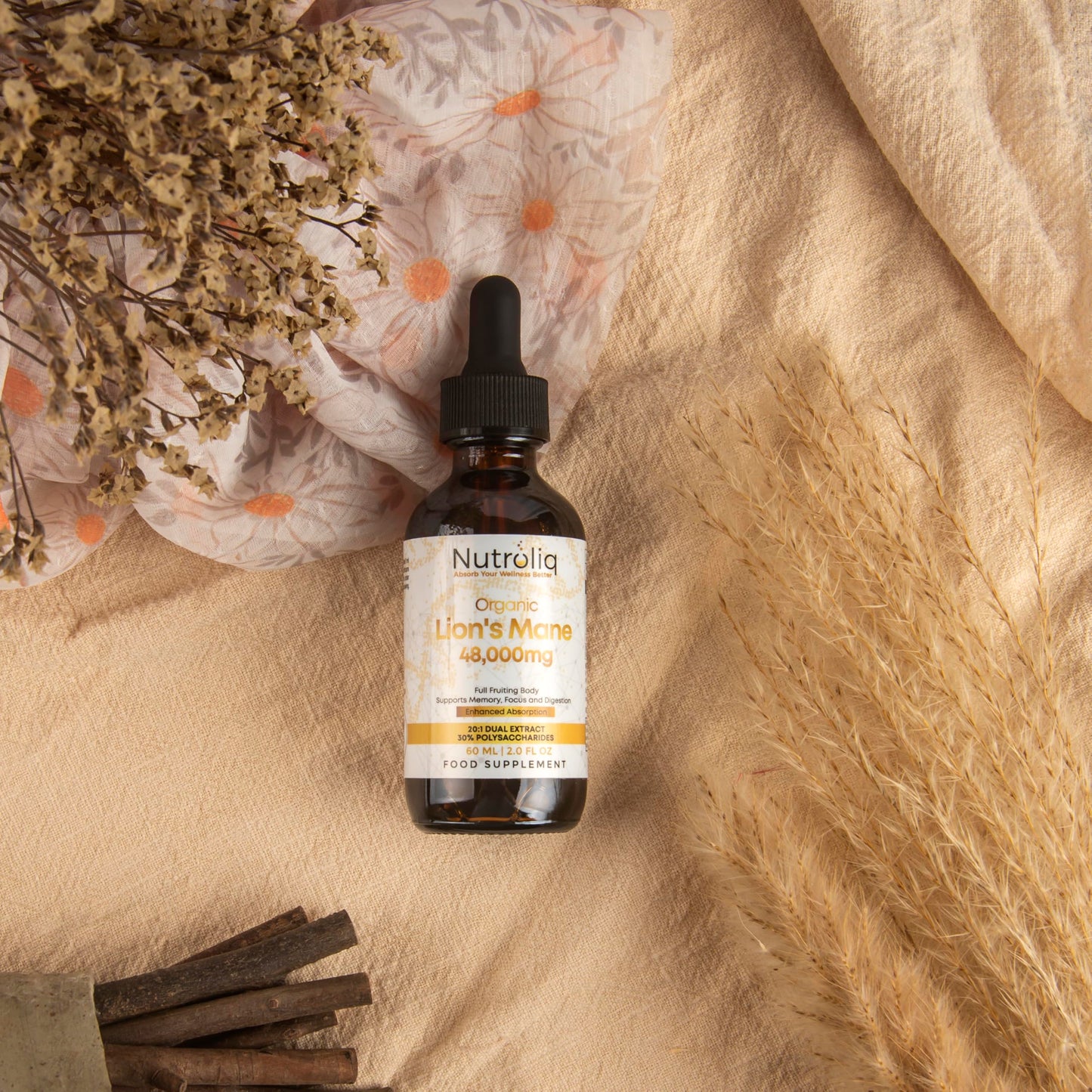 Nutroliq Lions Mane Tincture - Lions Mane Supplement with Organic Hericium Erinaceus Fruiting Body Extract - Contains 30% Polysaccharides - Vegan Formula - 800mg Per 1ml Serving - 60ml, 60-Day Supply