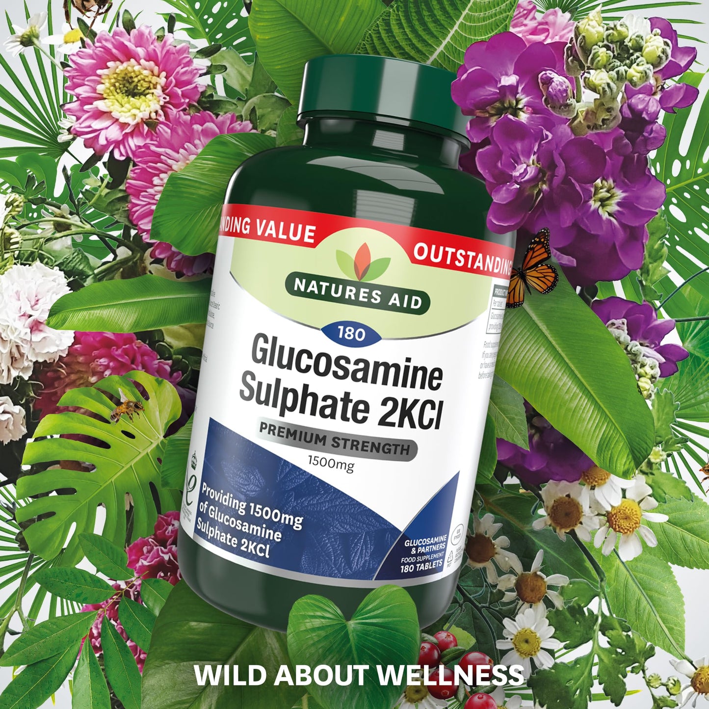 Natures Aid Glucosamine Sulphate 2KCl 1500mg – High Strength Joint Support – Helps Mobility & Flexibility – Non-GMO, Gluten-Free – Natural Supplement – 180 Tablets